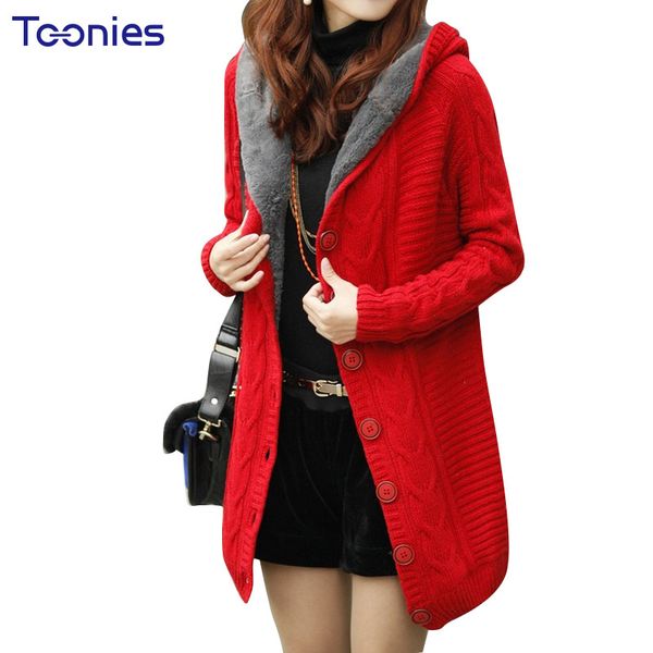 

twist buttons in the long section of new winter hooded cardigan cashmere sweater coat plus thick warm woman knitting sweaters, White;black