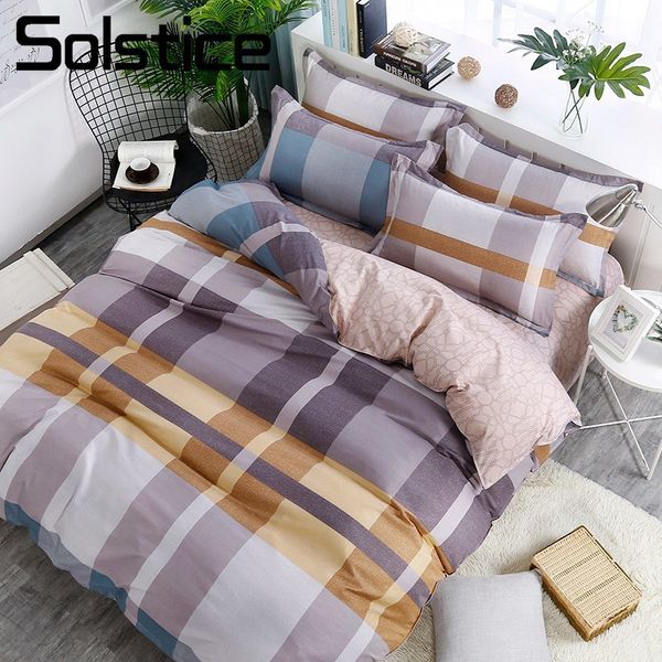 

solstice home textile plaid geometric brown duvet quilt cover bed sheet pillow case teen man/woman bedding linen sets 4pcs