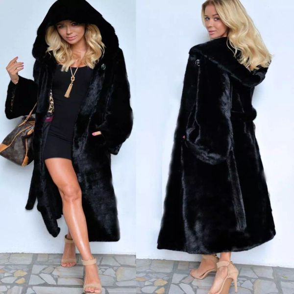 

new stylish black faux fur coat longer section hooded winter coat womens outwear thick warm p004