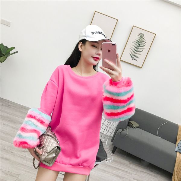 

alphalmoda 2017 women rainbow hairy sleeve fashion pullover sweatshirts fleece lining thickening winter loose sweatshirts, Black