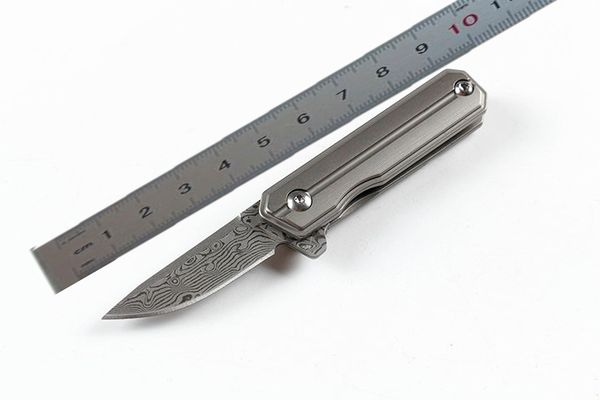 Nuovo mini coltello pieghevole Flipper con cuscinetto a sfera in acciaio di Damasco Lama Drop Point TC4 Manico in lega di titanio con confezione regalo