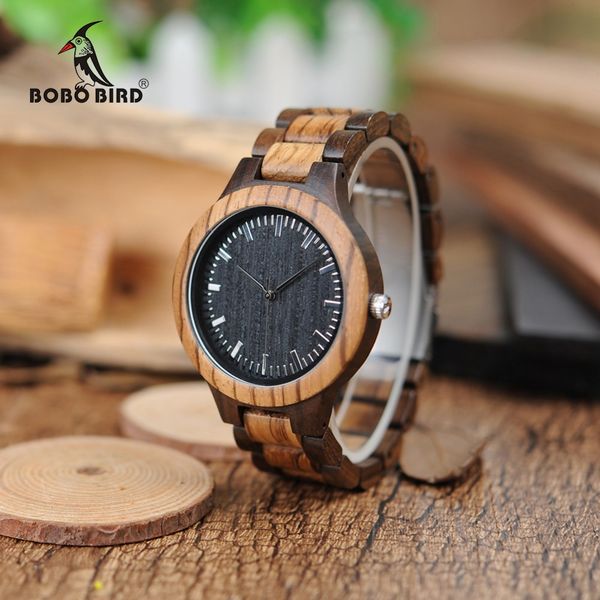 

bobo bird wd30 brand mens zebra wood watch wooden band quartz watches for men japan miyota 2035 watch in wood box, Slivery;brown