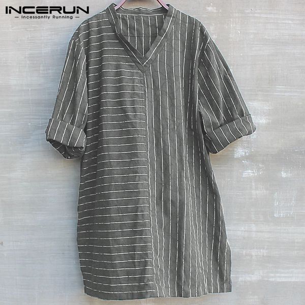 

vintage chinese mens shirts cotton autumn dress retro shirts v neck striped loose 5xl masculina camisa incerun shirt, White;black