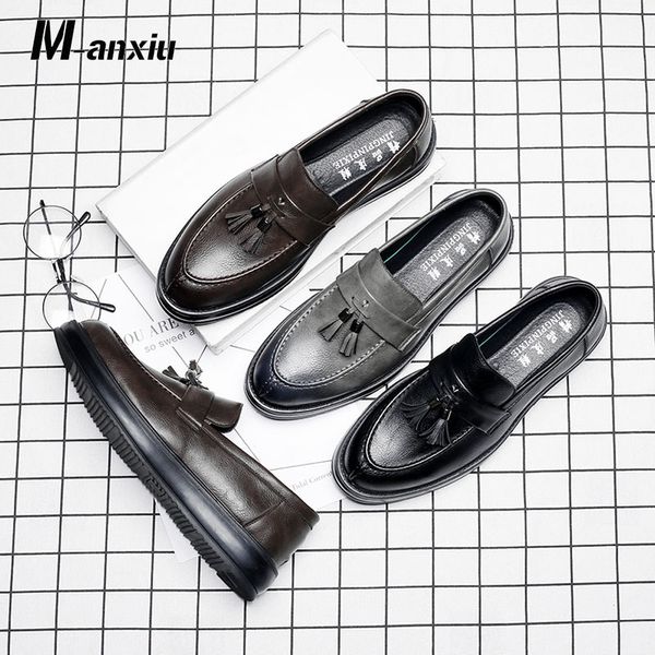 

m-anxiu new fashion tassel fringe leather shoes men formal dress loafers slip on flat lazy pedal shoes 2018 new trend, Black