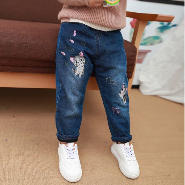 

children denim pants girls plus velvet jeans baby kids cartoon leggings winter children's clothes girl thickened loose trousers, Blue
