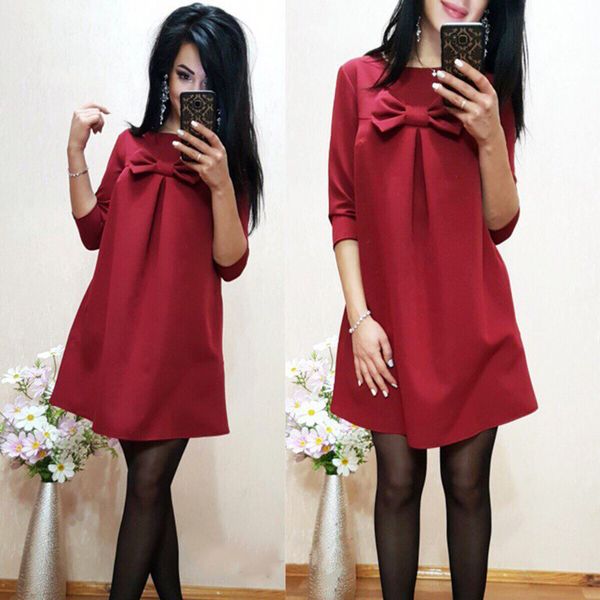 

fashion autumn new vintage o-neck casual loose 3/4 sleeve dress 2018 women bow sweet evening party short mini dress vestidos, White;black