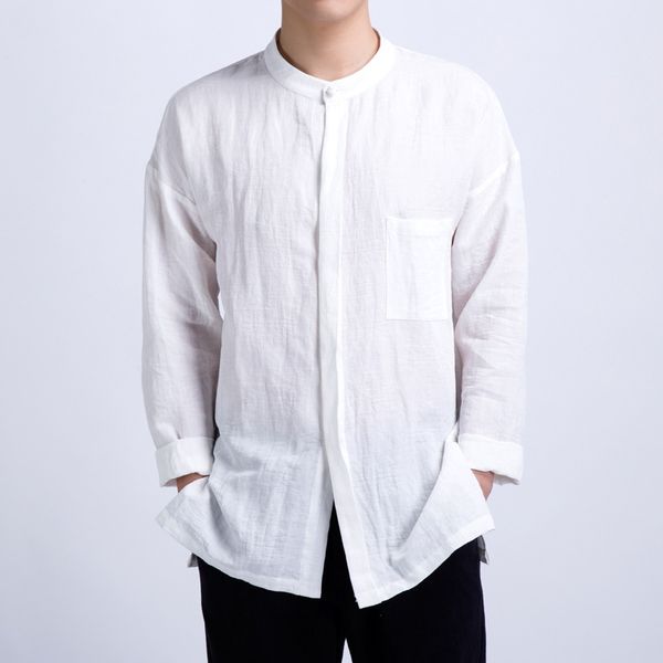 

новый 201 китайский мужской хлопок с длинным рукавом рубашки молодой чистый цвет кнопка воротник рубашки, White;black