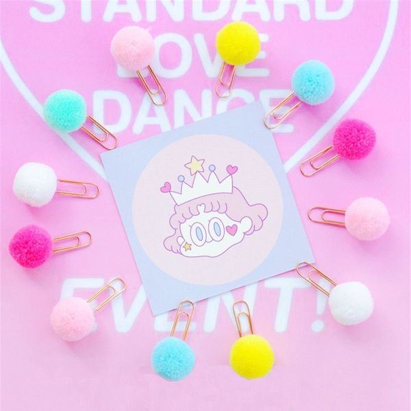 

10pcs/lot candy color plush ball paper clips kawaii stationery metal bookmark binder clips memo planner clip office supplies