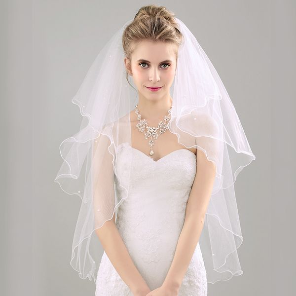 Elegant 2 Layers Bridal Veil With Comb Pearls Short Wedding Veils