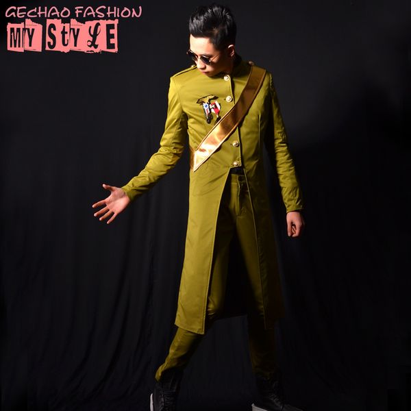 

nightclub male singer dj green long collar jacket coat bar accessories. -6xl, Tan;black