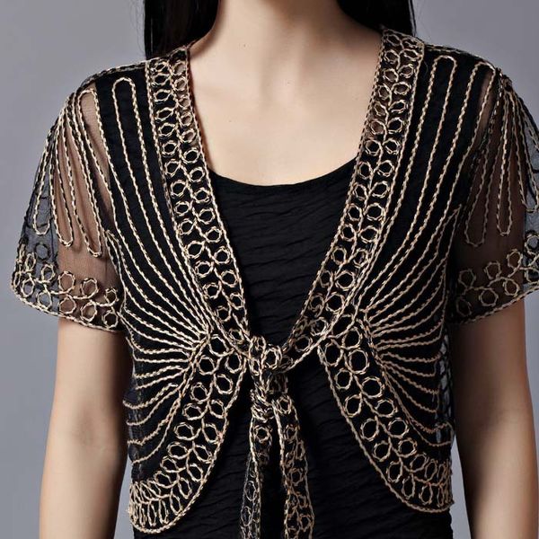 

hollow out summer female womens clothing wild perspective small shawl chiffon lace cardigan gauze lacing boleros outerwear jacket, Black;brown