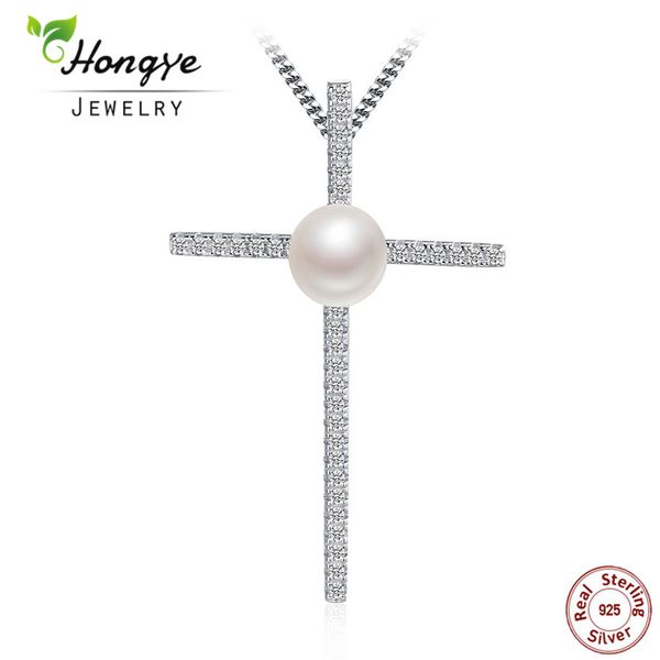 

hongye beautiful freshwater pearl pendant jewelry women 925 silver,real natural pearl cross necklace girlfriend party gift