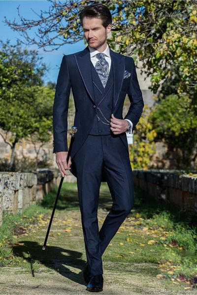 Morning Style Ein-Knopf-Marineblau-Hochzeitsbräutigam-Smoking, spitzes Revers, Trauzeugen-Herren-Blazer-Anzug (Jacke + Hose + Weste + Krawatte) Nr.: 1525