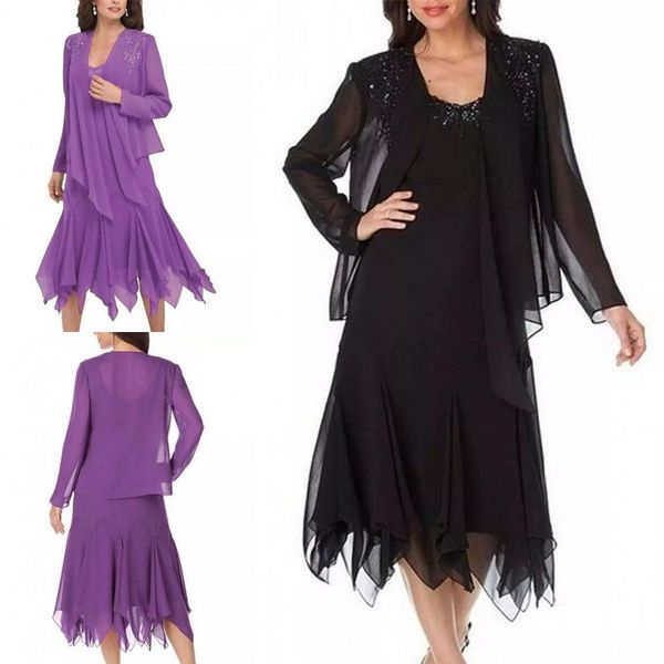 

2022 summer appliqued beaded chiffon mother of the bride dresses with long sleeve jacket tea length formal evening gowns custom plus size, Black;red