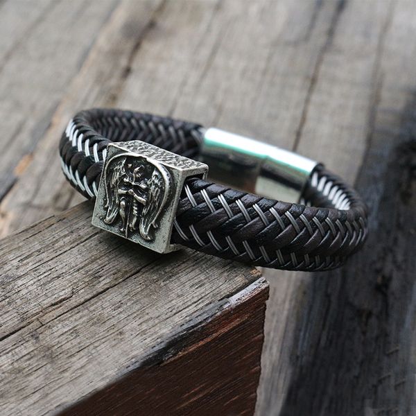 

black genuine leather bracelet for men,leather braid bracelet, gift for him, bracelet with stainless steel magnetic buckle clasp