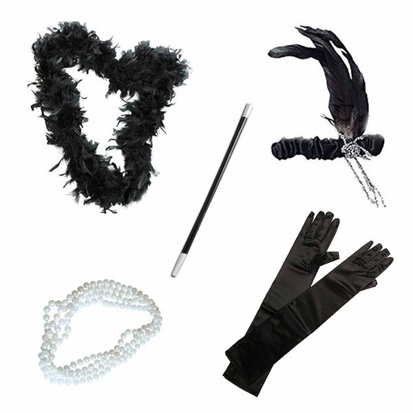 

ladies 1920s flapper girl fancy dress accessories 5 pcs set hen party charleston gangster gatsby girl costume accessory kit, Silver