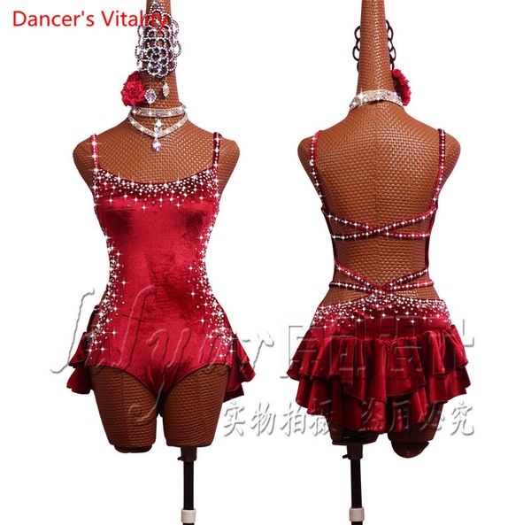 

latin dance performance costumes competition clothing women girls salsa dance jumpsuits sexy backless bandage dress dancewear, Black;red