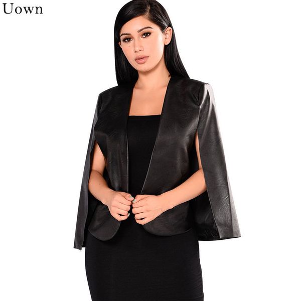 

uown black pu leather cloak coat casual split poncho jacket for women fashion cape coat open front slim office ladies blazer, White;black