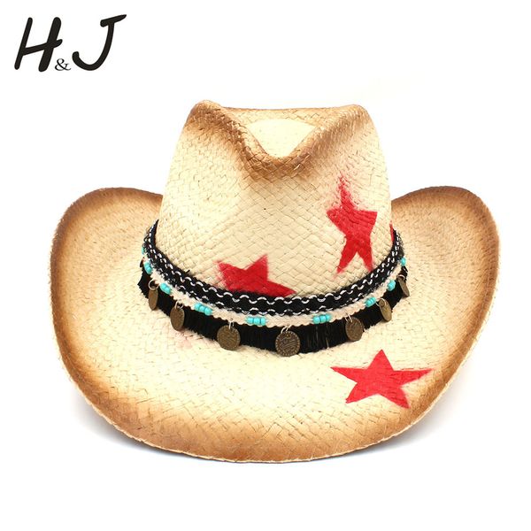 

100% straw women western cowboy hat with tassel leather band star lady dad sombrero hombre cowgirl jazz caps size 58cm, Blue;gray