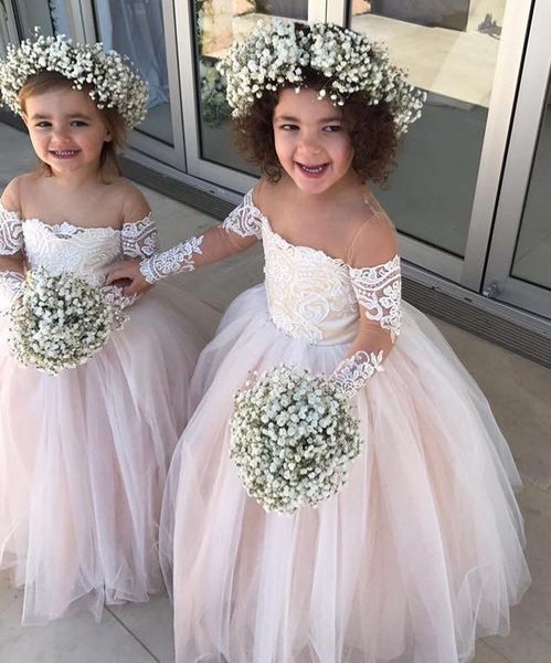 Long Sleeves Flower Girl Dresses Pink Appliqued Lace Tulle Vintage