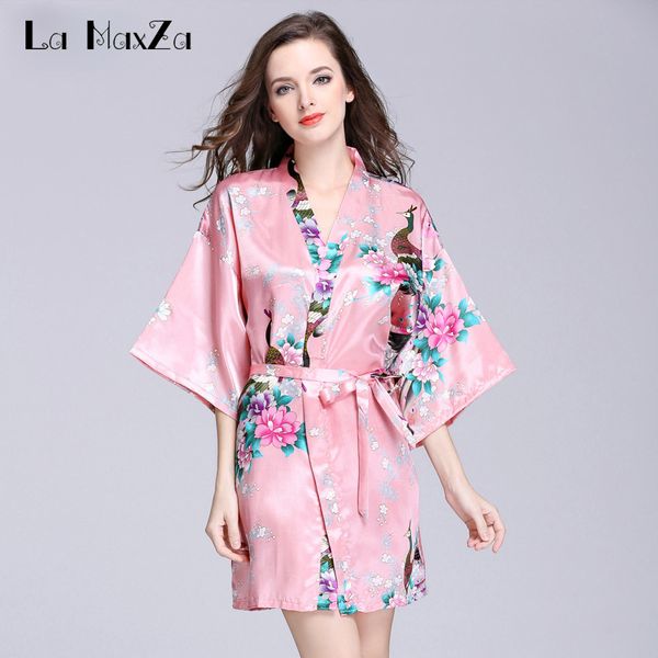 

new summer emulation silk nightgown middle sleeve peacock pajamas bathrobes women sleepwear, Black;red