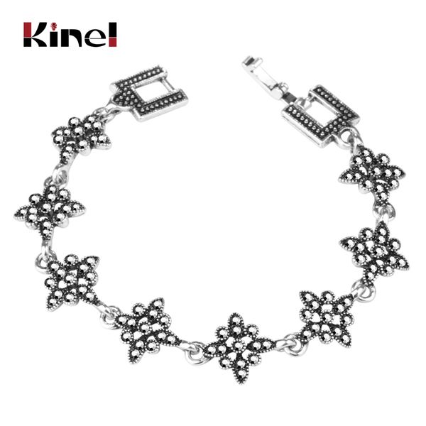 

kinel ethnic gray flower crystal bracelets for women antique silver color fashion charms bohemian vintage wedding jewelry, Black