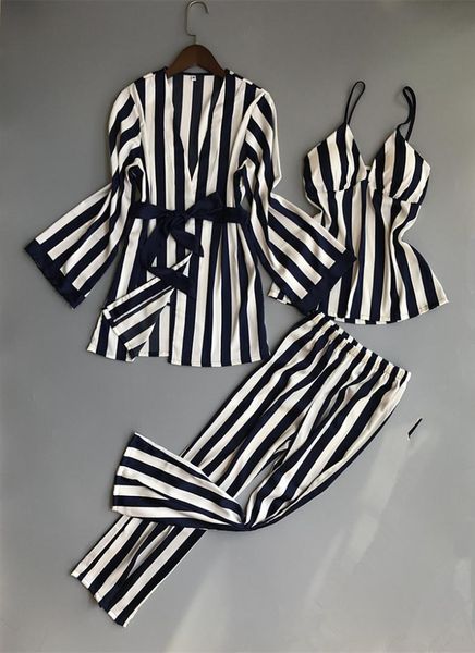 

lisacmvpnel 3 pcs striped women pajama sets nightdress+robe+pant female pajamas, Black;red