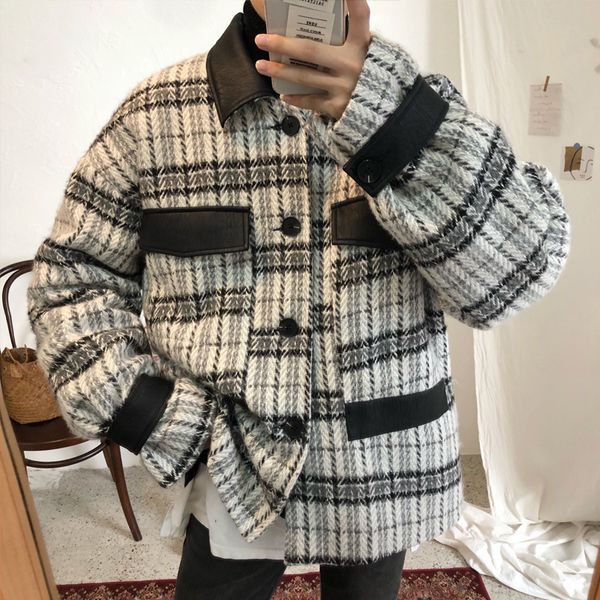 

winter new fashion trend youth style small fresh wild casual thick plaid loose leather collar cotton suit plus velvet warm, Black