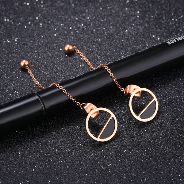 

long fringed chain earrings double round black semi-circle ladies earrings titanium steel rose gold - color round earrings, Golden;silver