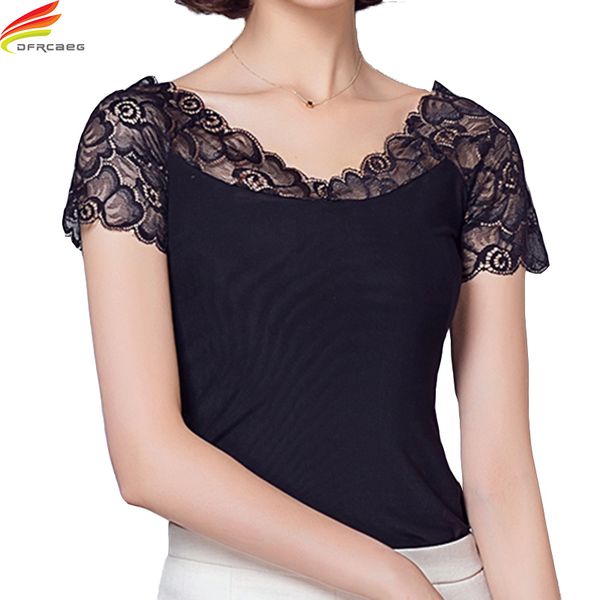 

women lace blouse 2018 summer black v neck collar lace short sleeve see-through clothes femme sale, White