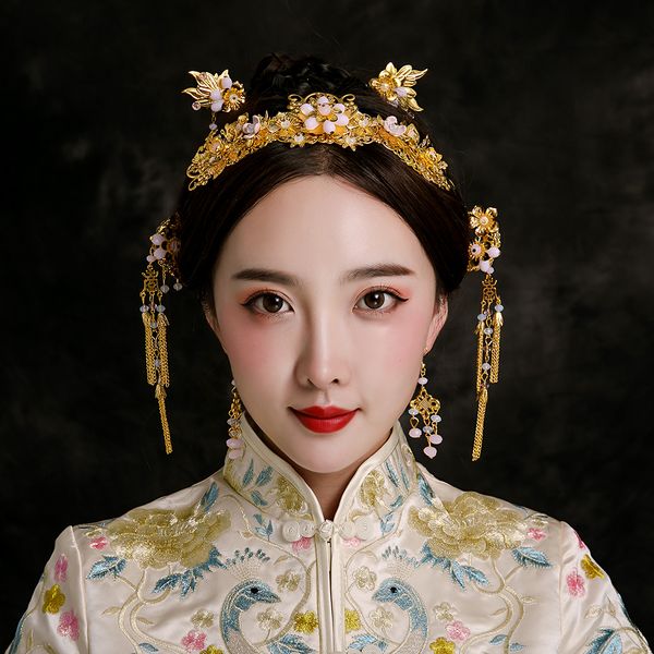

charms pink beaded headdress chinese ancient wedding hair jewelry set gold color metal bridal hairpins step shakes ornament new, Slivery;golden