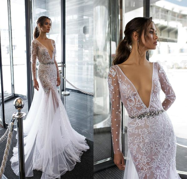 

dimitrius dalia русалка свадебные платья кружевные аппликации с поясом с длинным рукавом vestidos de novia глубокий v-образный вырез без спи, White