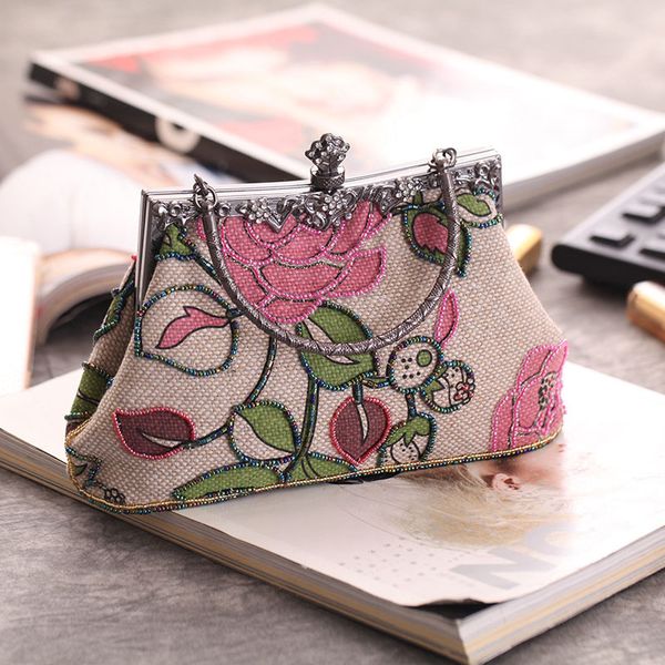 

new retro national style nostalgic republic of china classical portable printing beaded craft bag casual linen banquet bag