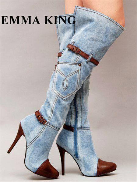 

emma king fashion long cowboy boots for women patchwork belt buckle pointed toe high heels stiletto over the knee denim boots, Black