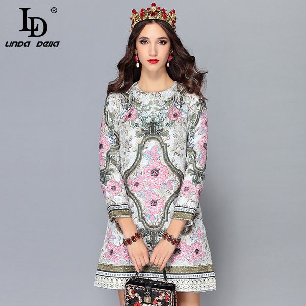 

ld linda della new 2018 fashion runway autumn dress women's long sleeve retro floral print jacquard vintage dress vestidos, White;black