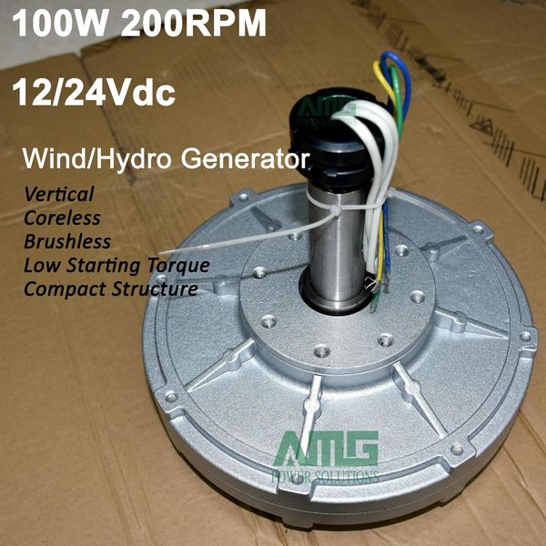100 W, 200 U/min, 12/24 V DC, kernloses Scheiben-PMG mit niedriger Drehzahl für vertikale Windkraftanlagen