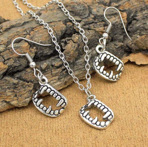 

fashion tibetan silver vampire fangs teeth necklace earrings jewelry sets for women girls party gift