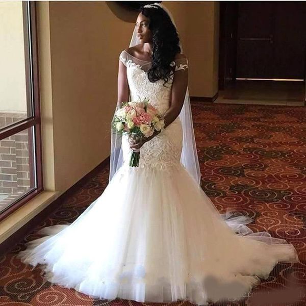

2020 arabic sheer neck mermaid wedding dresses court train lace applique illusion cap sleeves wedding bridal gowns bridal dress custom, White