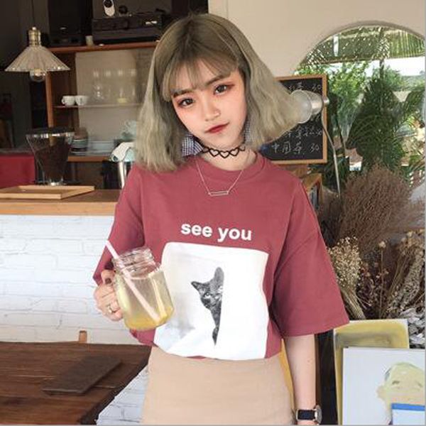 

summer new style women tshirt harajuku cute cat print short sleeve o neck coon women tees casual loose t shirt femme, White