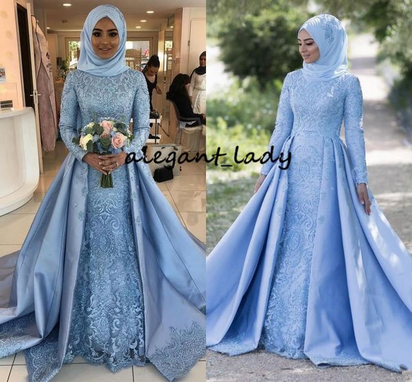 Sky Blue Muslim Country Garden Wedding Dresses With Overskirt 2019