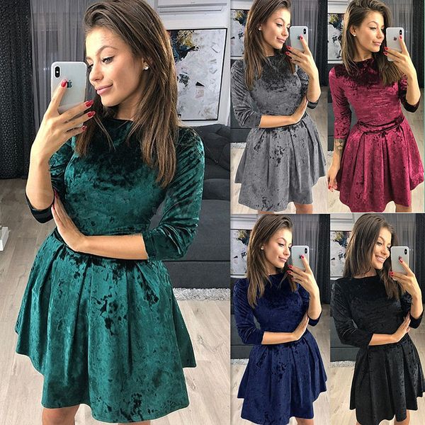 

Ladies Casual Long Sleeved Velvet Winter Autumn Short Skater Dress Womens Fall Pleated Solid Color Dresses