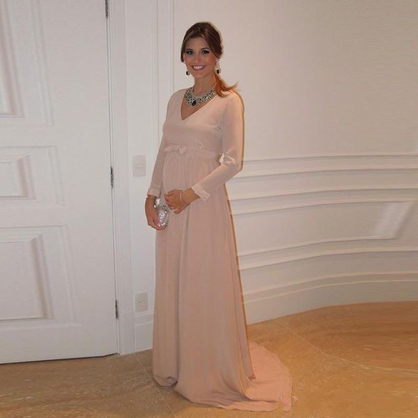 

Formal Dresses Evening Pregnant Gowns with V-Neckline Long Sleeves Bow Sash Maternity Party Gowns Prom Dress