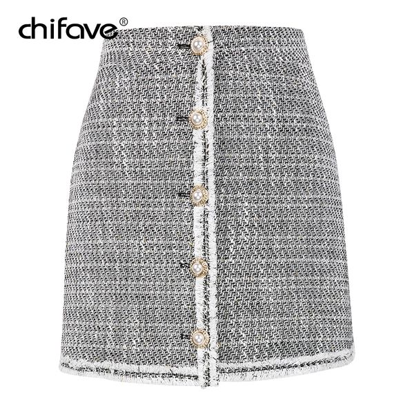 

women casual tweed mini skirt high waist buttons front white woolen skirt autumn female plus size short office skirts chifave, Black