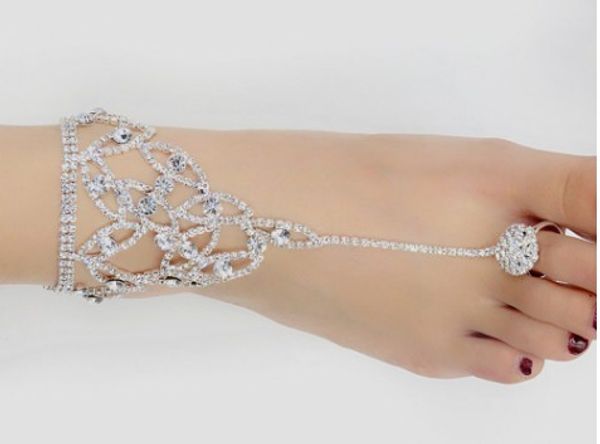 

beach wedding ankle chain toe hasse full rhinestone crystal silver tone anklet chain bridal barefoot sandals, Red;blue