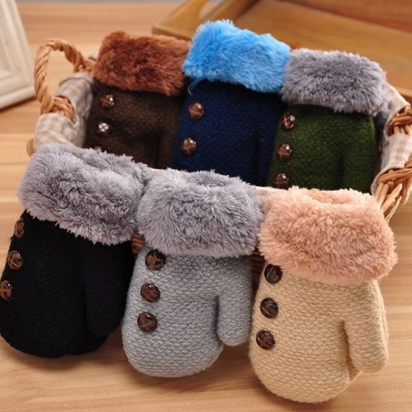 

new 1pair double layer baby thicken mittens child winter gloves keep warm outdoor wool knitted girl boy, Blue;gray