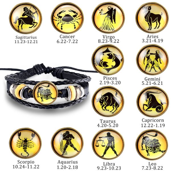 

new 12 constellations bracelet new fashion jewelry leather bracelet men casual personality zodiac signs vintage punk, Golden;silver