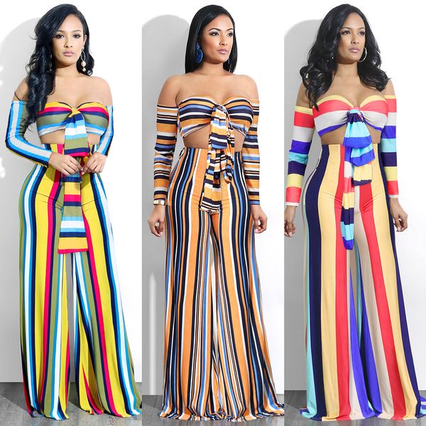 

2 pieces sets summer women fashion off the shoulder crop wide leg pants casual female clothing set, White