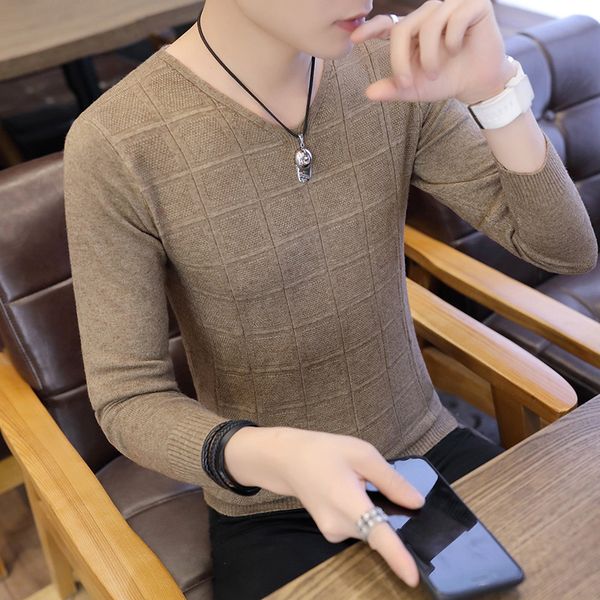 

korean style casual men knitted sweaters v-neck solid big boy pullover wool sweater slim men knit wear coat, White;black