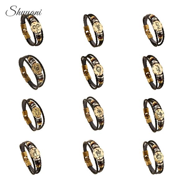 Moda lega di bronzo fibbie 12 segni zodiacali braccialetto costellazioni braccialetto in pelle perline di legno gioielli con ciondoli