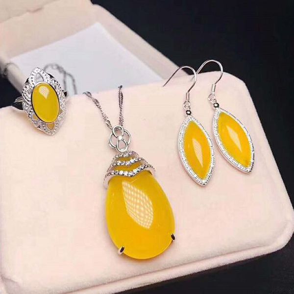 

yu xin yuan fine jewelry natural 925 silver yellow jade medullary ring pendant earrings fashion jewelry sets women, Black